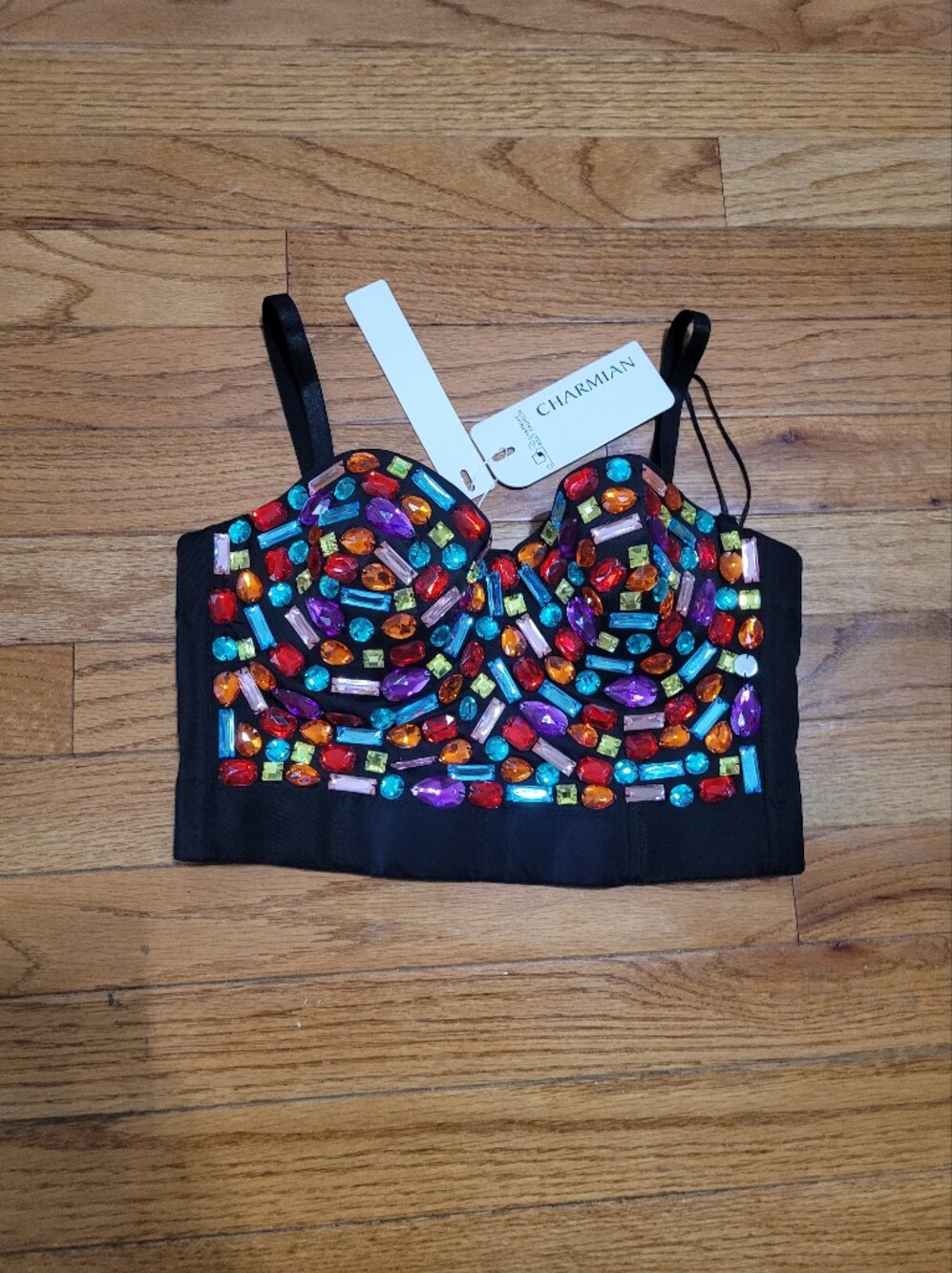 CHARMIAN Jeweled Black Bustier Crop Top